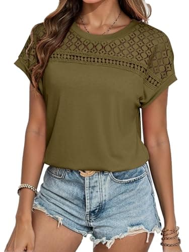 Glamaker Womens Tshirts Summer Casual Tops Trendy Cap Sleeve Lack Crewneck Knitted Dressy Fashion Tee Shirts Blusas Dark Army Green M - Image 1