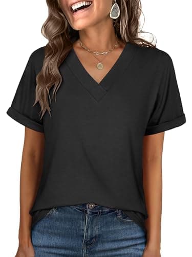ANRABESS Womens T Shirts Short Sleeve V Neck Shirts Summer Loose Fit Dressy Tops Business Casual Blouses 2025 Basic Tees Black Large - Image 1