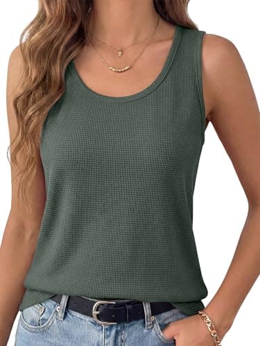 ANRABESS Tank Tops for Women Waffle Knit Scoop Neck Flowy Casual Sleeveless Shirts 2026 Summer Clothes Army Green XX-Large