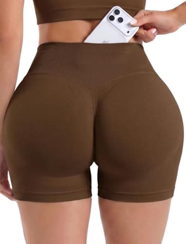 RIOJOY Womens Workout Yoga Scrunch Shorts 4" High Waisted Hidden Pockets Butt Liftings Sports Biker Shorts Tummy Control Gym Running Booty Athletic 4D Soft Lightweight 2026 Fashion Outfit Brown S - Image 1