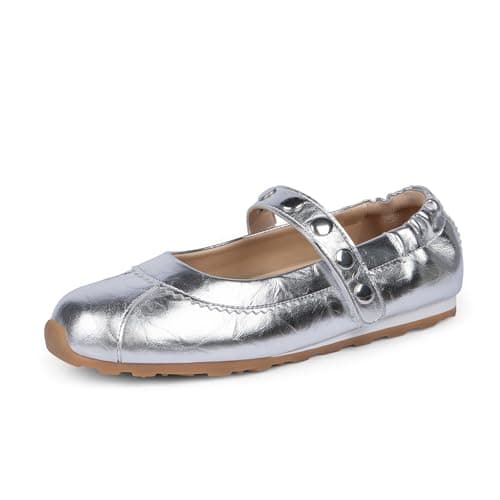 Tigeridea Women Fashion Sneakers Mary Jane Ballet Dress Shoes, Silver, 7.5 - Image 1