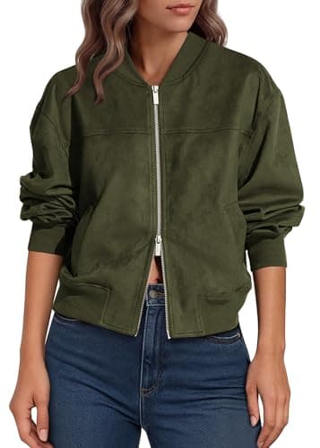 Lazysmile Women's Faux Suede Bomber Jackets Fall Fashion Outfits Winter Clothes Stand Collar Zip Up Coats Outwear with Pockets - Image 1