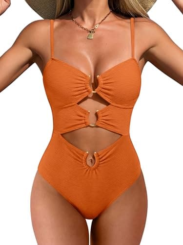 ANRABESS Women One Piece Swimsuits Sexy Cutout Full Coverage Bathing Suit Ring Link Ruched Monokini Beach Swimwear Orange Small - Image 1