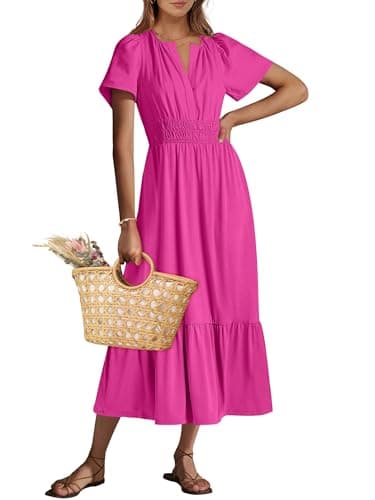 ANRABESS Women's Summer Short Sleeve Maxi Dress 2026 Casual V Neck High Waist A-Line Flowy Loose Tiered Boho Long Dresses Red Large - Image 1