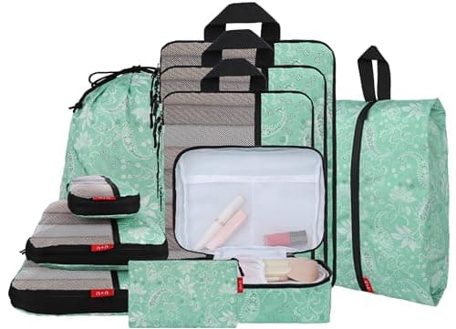 U+U 10 Set Compression Packing Cubes - Ultralight Travel Organizers with Laundry Bag and Cosmetic Bag, Space-Saving Suitcase Organizer for Travel, Business Trip and Family Vacation (Green Paisley) - Image 1