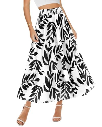BTFBM Skirts for Women Summer 2026 Floral Print A Line Elastic High Waist Boho Maxi Skirt Spring Fashion Clothing Pocket(Leaf Black, Large) - Image 1