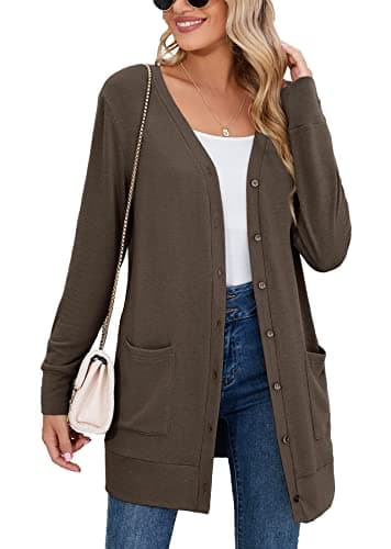 Heymoments Women's Long Sleeve Open Front Cardigan Dark Coffee Large Button Down Ladies Loose Ribbed 2026 Fall Winter Lightweight Knit Outerwear Coat with Pocket - Image 1