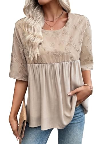 EVALESS Womens Blouses Casual Crewneck Half Sleeve Spring Summer Babydoll Tops Cute Floral Embroidered Boho Shirts Loose Fit T Shirts Flowy Chiffon Blouse Beige Small - Image 1