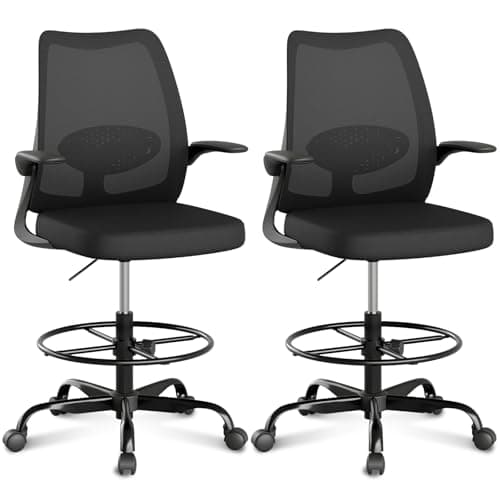 BERYTH Tall Office Chair for Standing Desks,High Desk Drafting Chair with Adjustable Footrest Ring,Ergonomic Lumbar Support,Flip-Up Armrests for Home Office,Black,2 Box - Image 1