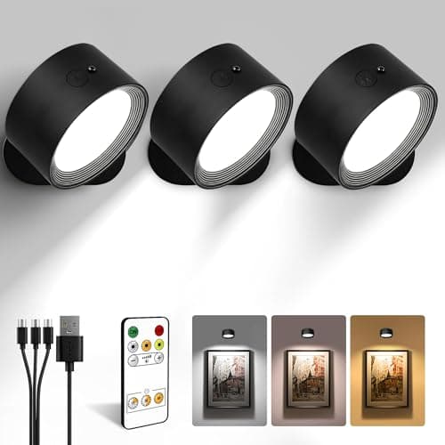 LED Wall Mounted Lights, Rechargeable Wall Sconces with Remote & Touch Control, 3 Color Temperatures 360° Rotation Dimmable Cordless Wall Light for Bedroom Study Reading Bedside (Black, 3 Pack) - Image 1
