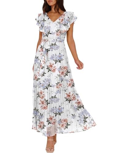 ANRABESS Women V Neck Ruffle Sleeve Floral Pleated Maxi Dresses Summer Boho Belt Empire Waist Wedding Guest Party Flowy Dress Pink Peony White Small - Image 1
