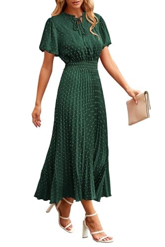 PRETTYGARDEN Summer Dresses for Women Midi Puff Short Sleeve V Neck Swiss Dot Pleated A Line Long Casual Wedding Guest Dress (Dark Green,Medium) - Image 1