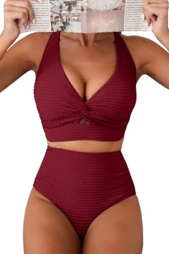 Herseas Two Piece Bikini Sets for Women Twist Front Crisscross Back V Neck Top Swim Suits 2026 Textured Burgundy Slimming Bathing Suits Flattering Beach Vacation Outfits X-Small - Image 1