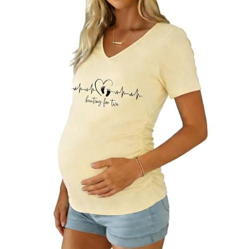 VILOVE Women Pregnancy Announcement Shirts Tunic Maternity Clothes Side Ruched Short Sleeve Casual T Shirt Apricot - Image 1