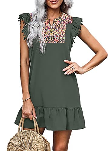 KIRUNDO Women's 2026 Summer Mini Dress Spring Casual V Neck Floral Embroidered Ruffle Sleeveless Shift Flowy Boho Dress (B-Army Green, X-Large) - Image 1