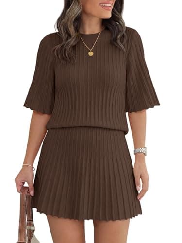 Saodimallsu Womens Lounge Sets Short Sleeve Sweater Summer Outfits 2 Piece Skirt Sets Mini Skirts Knit Sweater Set - Image 1