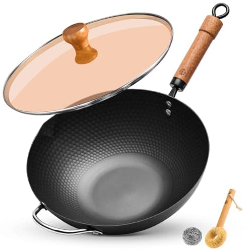 WANGYUANJI Carbon Steel Wok Pan, 12.6 Inch Flat Bottom Stir Fry Pan with Lid, Uncoated Heavy Duty Iron Wok for Induction and Gas Stoves - Image 1