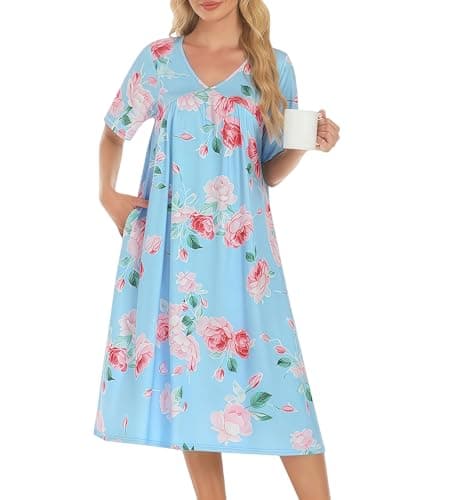 ETOSELL Women's House Dress Short Sleeve Moo Moo Muumuu Nightgown with Pockets Pleated Plus Size Grandma Loungewear for Women Cotton Feel Soft Loose Fit S-3XL Blue - Image 1