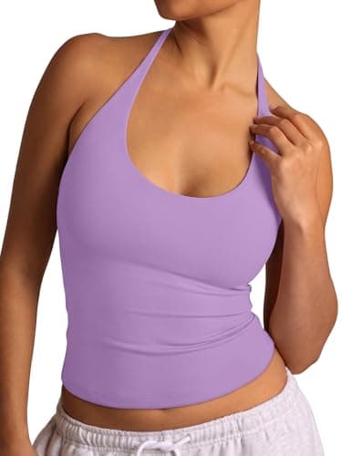 REORIA Halter Tops for Women Basic Tie Scoop Neck Tank Top Sexy Backless Double Lined Going Out Cute Summer Slim Fitted Trendy Sleeveless Shirts Crocus Petal Purple - Image 1