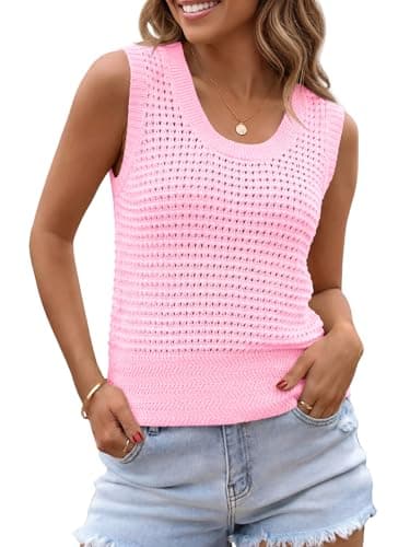 Saodimallsu Womens Summer Crochet Cover Up Sleeveless Scoop Neck Mesh Knit Beach Vacation Sweater Vest Pink - Image 1