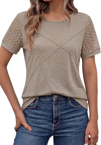 Women's Short Sleeve Shirts, Dressy Lace Summer Trendy T-Shirts, Casual Tops for Women with Round Neck, 2026 Cute Blouses for Work, Travel and Lounge Khaki, XX-Large - Image 1
