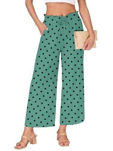 VUTRU Womens Wide Leg Pants Casual Summer High Waisted Flowy Travel Boho Clothes Polka Dot Bottoms with Pockets, Lake Green2 L - Image 1