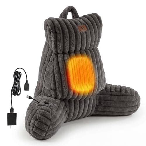 Amélie Home Heated Faux Fur Reading Pillow with Pocket - 3-Temperature Backrest for Sitting in Bed, USB-Powered(No Power Bank Included) Warming (113°F-131°F), 3H Auto Shutoff, Grey, 26 Inches - Image 1