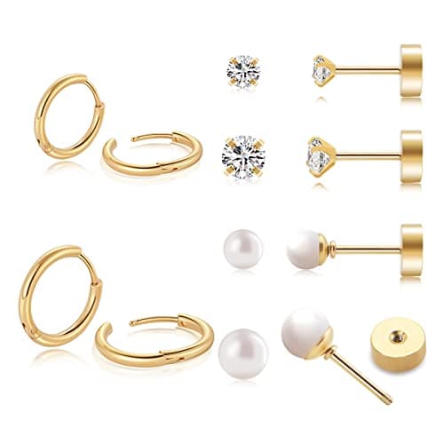 Gold Hoop Earrings for Women Flat Back CZ & Pearl Stud Earrings Set Hypoallergenic Small Cartilage Earring for Helix Conch Daith Tragus Piercing Jewelry Gold Plated - Image 1