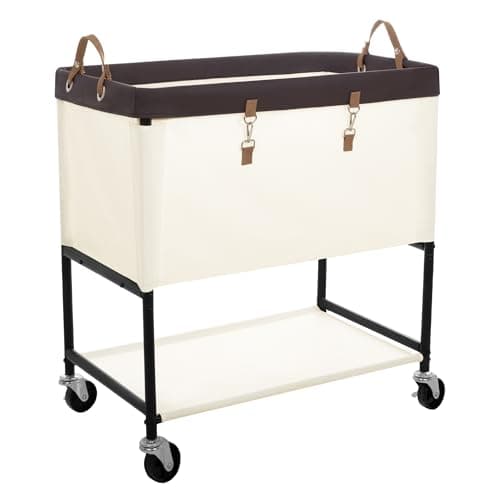 StorageWorks Laundry Cart, 2 Tier Rolling Laundry Basket, Heavy Duty Laundry Basket with Lockable Wheels, Laundry Room Organization and Storage, Clothes Hamper for Bedroom, Dorm, Closet, 46Gal, Beige - Image 1
