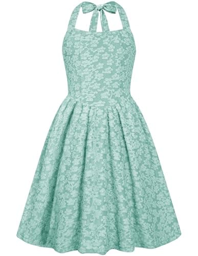 Dresses for Girls Juniors Floral Halter Tie Back Sundress Kids Elegant Fall School Pageant Birthday Semi Formal Short Dresses Dusty Blue - Image 1