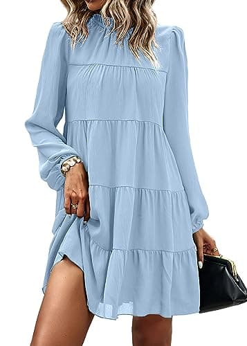 KIRUNDO Long Sleeve Baby Doll Dresses Women 2026 Casual Summer Fall Ruffle Mock Neck Tiered Mini Flowy Swing Shift Dress(Light Blue, Medium) - Image 1