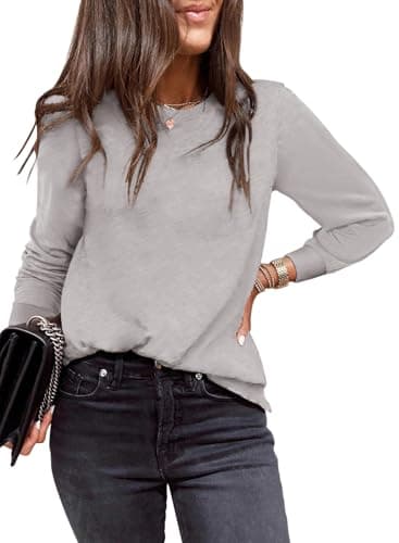 EVALESS Tops for Women Trendy Crewneck Long Sleeve Shirts Casual Spring Outfits Gray Small - Image 1