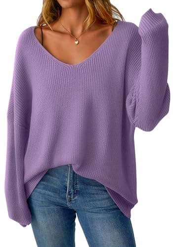 GKBK Women's V Neck Oversized Sweaters Off The Shoulder Long Sleeve Sweatshirt Loose Fit Lightweight Soft Pullover Fall Fashion Outfits 2026 Trendy Purple - Image 1