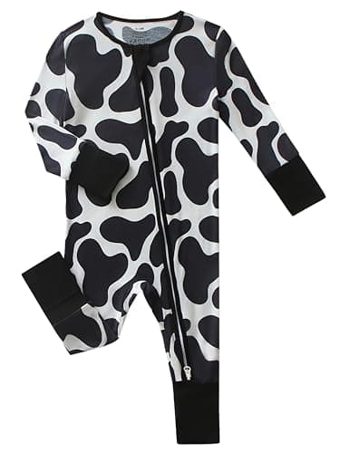 Joonberry Unisex Baby Bamboo Viscose Long Sleeve Romper, Cute Prints Zipper Footless Jumpsuit, Toddler One-Piece Outfits (Cow, 3-6M) - Image 1
