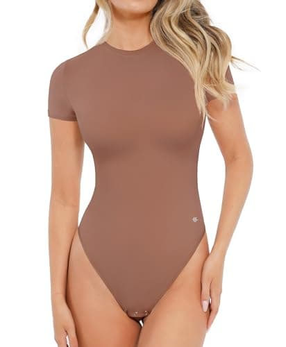 Popilush Short Sleeve Bodysuits for Women Thong Body Suit Crew Neck Tummy Control T Shirt Top - Image 1