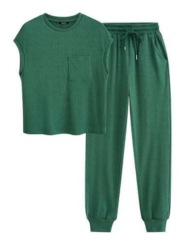 BTFBM Women's Summer 2 Piece Outfits 2024 Casual Tracksuit Short Sleeve T Shirts Long Pants Lounge Sets(Solid Dark Green,Small) - Image 1