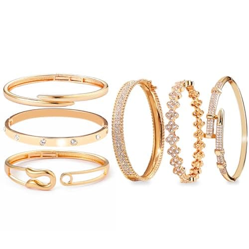 6-Piece 18K Gold Plated Bangle Bracelet Set for Women - Clover, Rivet & Safety Pin Designs, Stackable Trendy Jewelry, Zinc Alloy with Rhinestones, Tarnish & Oxidation Resistant, Gift for Her, Girlfriend, Wife, Mom, Sister, Lover on Birthday, Christmas, Valentine's Day, Mother's Day - Image 1