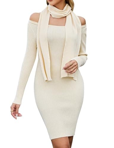 Blooming Jelly Womens Off Shoulder Sweater Dress Scarf Long Sleeve Mini Bodycon Dresses Fall 2025 Trendy Ribbed Ladies Winter Sweater (Medium, Cream) - Image 1