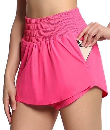 THE GYM PEOPLE Women's Athletic Shorts Elastic Waisted Quick Dry Ruffle Tennis Workout Skorts with Mesh Liner Zip Pockets Bright Pink - Image 1