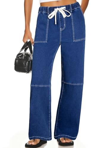 Sidefeel Women's Wide Leg Jeans High Waisted Elastic Stretchy Baggy Jeans Trendy Drawstring Straight Leg Oversized Denim Pants Blue Size 6 - Image 1