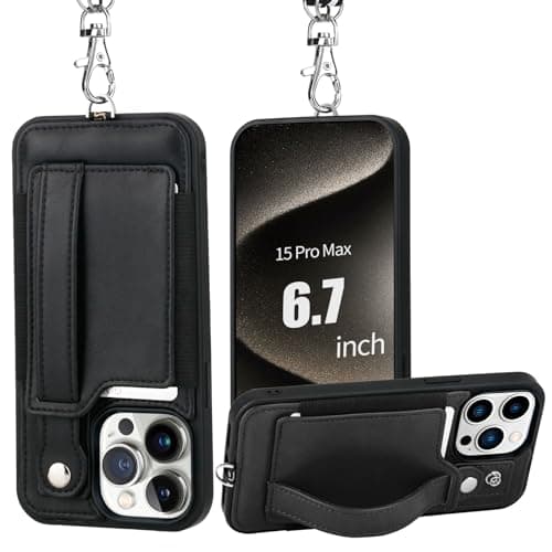 TOOVREN Phone Cover Compatible with iPhone 15 Pro Max Case with Wallet Strap Card Holder Stand Leather Cover Fits iPhone 15 Pro Max Wallet Case Lanyard for Women & Men 6.7 Inch Black - Image 1