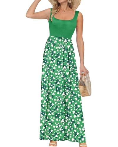 AUSELILY Women's Summer Maxi Sleeveless Dress 2026 Floral Loose Long Tropical Beach Vacation Sundress with Pockets Green Wihte Flower L - Image 1