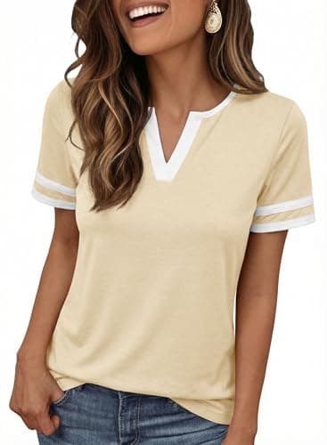 Humordream Womens V Neck Summer T-Shirts Short Sleeve Colorblock Loose 2026 Dressy Casual Raglan Tops Beige - Image 1