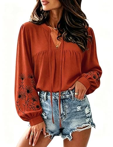 LOOKBOHO Womens Boho Tops V Neck Embroidered Shirt Long Sleeve Dressy Casual Vacation Trendy Blouses Brown XL - Image 1