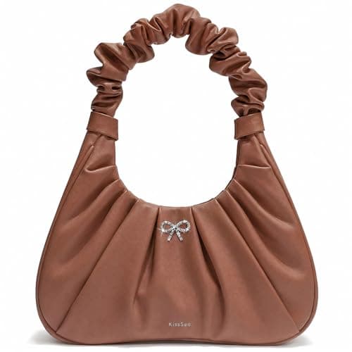 Kiss Sea Women's Crescent Handbag Ruched Purse - Soft Leather Cute Shoulder Bag Mini Hobo with Zipper for Weddiing Brown - Image 1