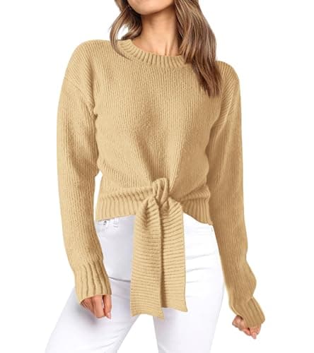 Okiwam Women's Long Sleeve Cropped Sweaters Casual Knit Pullover Tie Front Crew Neck Fall Outfits Spring Fashion Clothes 2026-L Khaki - Image 1