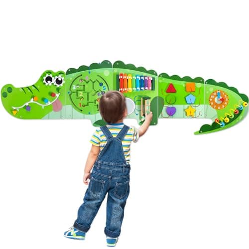Crocodile Activity Wall Busy Board Panels | 9-in-1 Wooden Sensory Wall Panel for Kids, Montessori Learning Activity Center | Perfect for Toddler Playroom, Daycare, Nursery, Classroom or Dr's Office
