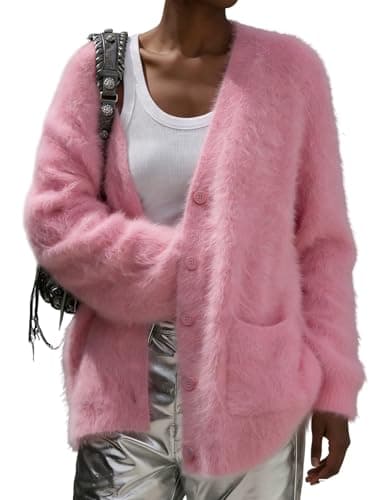 Wyeysyt Women's Fuzzy Cardigan Sweater V Neck Long Sleeve Button Down Knit Furry Sweaters with Pockets(Pink-L) - Image 1