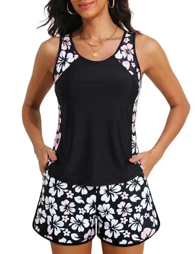 Hilor Womens Athletic Racerback Two Piece Swimsuits with Shorts Sporty Bathing Suits Retro Tankini Swimwear Black Floral 2XL/US14-16 - Image 1