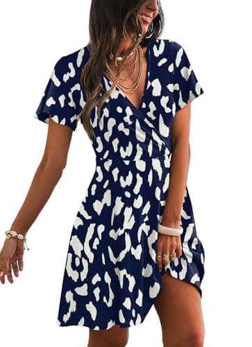 Summer Dresses for Women 2026 Vacation,Smocked Floral Dresses,Boho Beach Sundress Floral Blue Leopard XL - Image 1